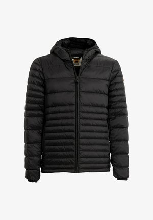 Giacca a vento nera con cappuccio, caratterizzata da un design trapuntato, cerniera frontale lunga e polsini elasticizzati. Il materiale è liscio, con una texture leggera.