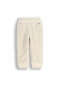 Joggery z dzianiny w kolorze kremowym, wykonane z miękkiego, teksturowanego materiału, z prążkowanym paskiem w talii i mankietami oraz małym akcentem z logo.