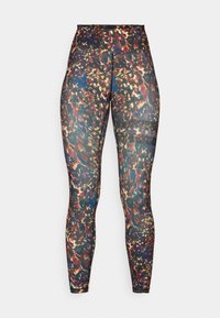 Legginsy z wysokim stanem, wykonane z elastycznego materiału, charakteryzujące się żywym, kolorowym, abstrakcyjnym wzorem oraz siateczkowymi akcentami po bokach.