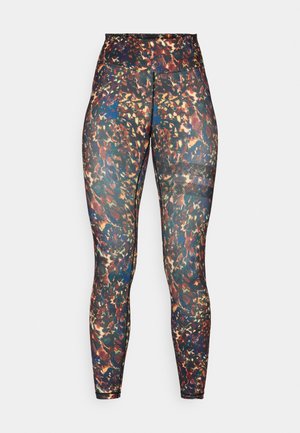 Hochtaillierte Leggings aus dehnbarem Stoff mit einem lebhaften, mehrfarbigen abstrakten Muster und Netz-Akzenten an den Seiten.