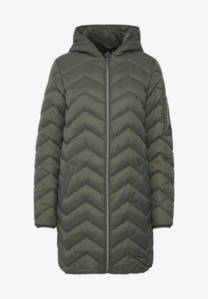 Olivgrüne Daunenjacke mit Kapuze, ausgestattet mit Zickzack-Quiltung, durchgehendem Reißverschluss und seitlichen Taschen. Glattes, leichtes Material.