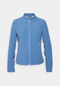 Blue zip-up jacket with a stand collar, featuring two side pockets and a smooth, matte texture. Reinforced stitching accentuates the design.