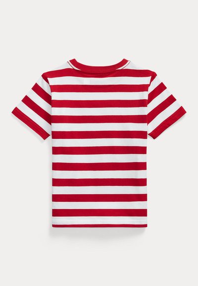 Rødt og hvitt stripet t-skjorte med korte ermer, rund hals og mykt bomullsstoff. Horisontale striper av lik bredde over hele.