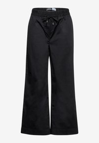 Pantaloni neri a gamba larga realizzati in un tessuto morbido. Presentano una vita elasticizzata con coulisse e una vestibilità rilassata e ampia.