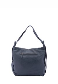 Borsa a spalla in pelle blu scuro con finitura texturizzata, dotata di chiusura superiore con zip e tasca anteriore con zip. Tracolla regolabile.