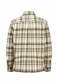 Rutig skjorte i hvid, olivengrøn og beige med lange ærmer, en knaplukket manchet og en standardkrave. Bagfra ses et yoke-design.