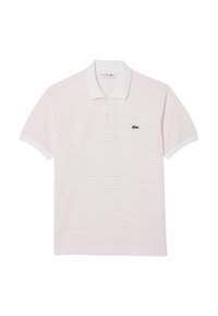 Polo di colore rosa chiaro a righe con colletto bianco, maniche corte e logo di un coccodrillo verde sul petto. Realizzato in cotone traspirante.
