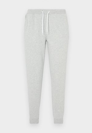 Calças de camisola cinza feitas de tecido macio, com cintura ajustável por cordão, punhos elásticos e bolsos laterais para funcionalidade.