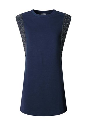 Marineblauw mouwloos topje met ronde hals en ingewikkelde kralenversiering langs de brede schouderbanden.