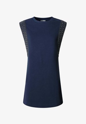 Marineblauw mouwloos topje met ronde hals en ingewikkelde kralenversiering langs de brede schouderbanden.