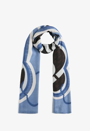 Écharpe bleue et blanche à motifs présentant des formes abstraites, avec une texture douce et des accents noirs affichant un design de logo subtil.