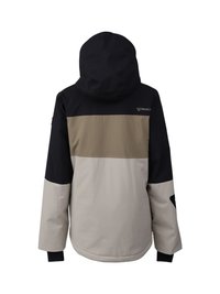 Giacca con cappuccio a blocchi di colore nero, beige e grigio chiaro, con logo Brunotti sul lato destro della parte superiore della schiena.