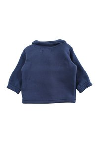 Pull bleu marine en tissu doux, doté de manches longues, d'un col arrondi et de poignets élastiqués, avec un design uni et sans coutures.