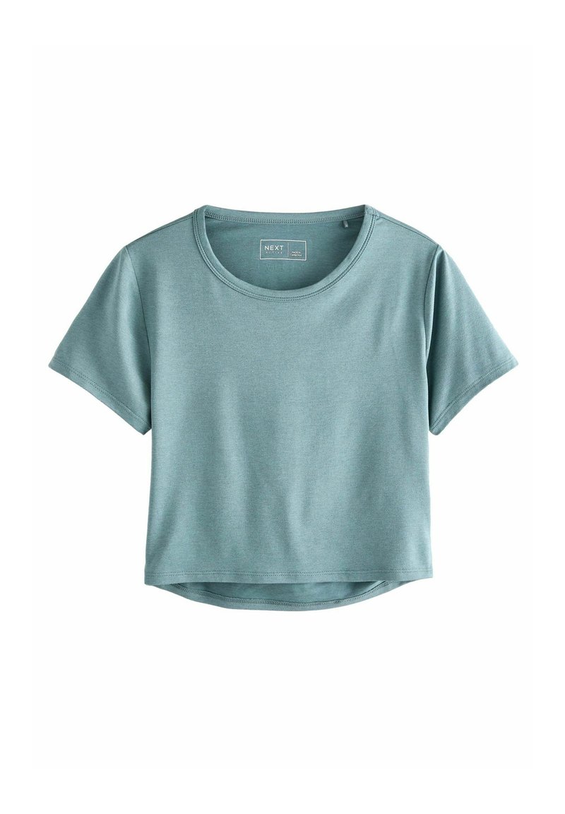 T-shirt cropped en bleu sarcelle clair fabriqué en tissu doux, avec des manches courtes, un col rond et des coutures discrètes.