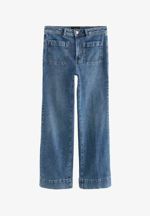 Denim jeans i mellemblå med et lige, bredt ben-design. Funktioner inkluderer en knap- og lynlåslukning, bæltestropper og to baglommer.