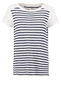 Raidalliset t-paidat, joissa on tummansinisiä ja valkoisia vaakasuoria raitoja, lyhyet pitsihihat ja pyöreä kaula-aukko, valmistettu pehmeästä kankaasta.