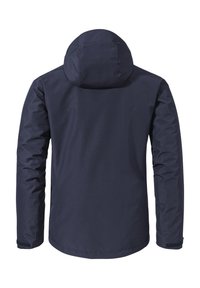 Marineblaue wasserdichte Jacke mit Kapuze, ausgestattet mit einer glatten, matten Oberfläche und verstellbaren Bündchen. Einfaches, minimalistisches Design ohne sichtbare Logos.