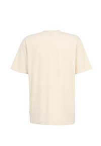 Cremfarbendes T-Shirt mit kurzen Ärmeln, entspanntem Schnitt und Rundhalsausschnitt. Hergestellt aus weichem, glattem Stoff ohne sichtbare Logos oder Muster.