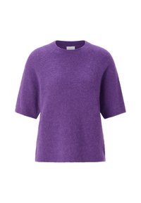 Purple short-sleeve sweater made of soft material with a round neckline and textured finish. Simple, relaxed fit design.