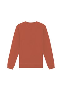 Sweatshirt de couleur rouille avec des manches longues, un col rond et des poignets et un ourlet côtelés. Fabriqué en tissu doux, il présente une texture lisse.