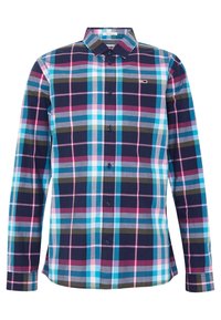 Chemise à manches longues à carreaux bleu foncé, avec des motifs verts, roses et bleu clair, fermée par des boutons à l'avant et dotée d'un col pointu.