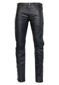 Schwarze Lederhosen mit schmalem Schnitt, die über eine glatte Oberfläche, Fronttaschen und Schnürdetails an den Seiten und Säumen verfügen.