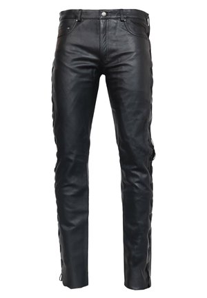 Sorte læderbukser med slim fit, der har en glat overflade, frontlommer og snøre detaljer langs siderne og kanten.
