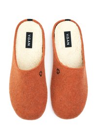 Orange felt slippers with black branding and a textured interior. Slip-on design with rounded edges and a simple silhouette.