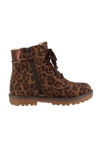 Leopard print ankle boots in brown suede, featuring a side zipper, brown laces, and a textured rubber sole with traction.