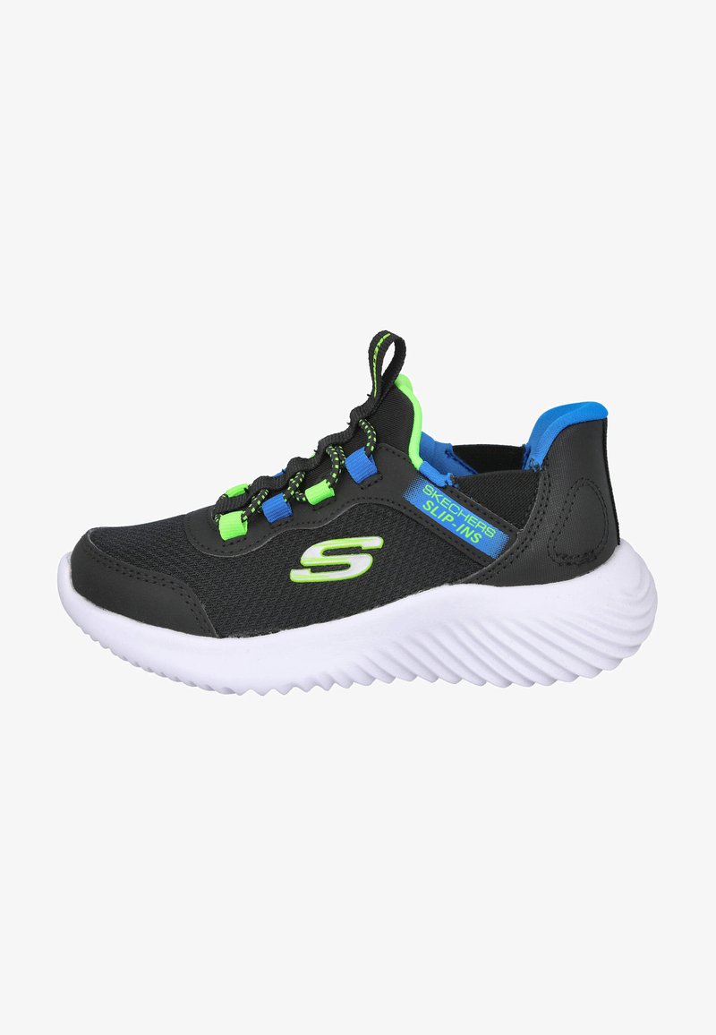 Zapatilla deportiva negra con parte superior de malla, detalles en verde y azul neón, cordones elásticos y suela de goma blanca con un patrón de olas.