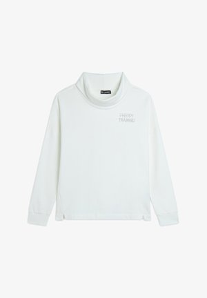 Sweatshirt blanc à manches longues avec un col haut, portant l'inscription "FREDDY TRAINING" en lettres argentées sur la poitrine et des fentes sur les côtés à l'ourlet.