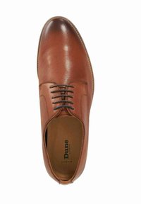 Brown leather dress shoe with a smooth finish, round toe, and six eyelet lace-up design. Interior features black branding on a light tan insole.
