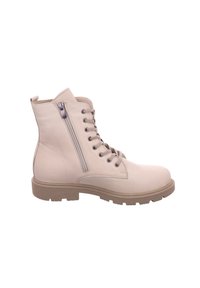Beige ankle boots made of leather with a round toe, featuring a side zipper, laces, and a textured rubber sole for grip.