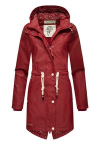 Rote wasserdichte Jacke mit einer Kordelzugkapuze, verstellbarem Bund und kontrastierender Innenauskleidung mit floralem Muster. Druckknopfverschlüsse.
