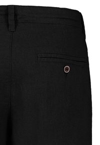 Black linen pants featuring a back pocket with a button closure and two horizontal stitched accents above the pocket.