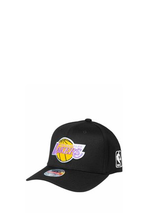 Cappellino da baseball nero con il logo dei Los Angeles Lakers sul davanti e il logo NBA sul lato, con visiera curva e retro regolabile.