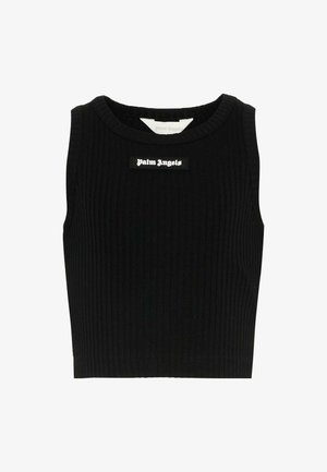 Top court noir sans manches à côtes avec col rond et patch logo "Palm Angels" centré sur la poitrine.