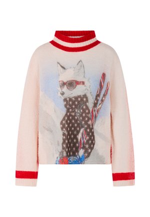Light pink sweater with red striped collar. Features a graphic of a fox in sunglasses, wearing a black patterned sweater and holding skis.