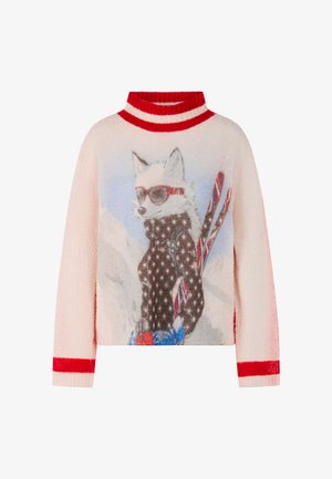 Light pink sweater with red striped collar. Features a graphic of a fox in sunglasses, wearing a black patterned sweater and holding skis.