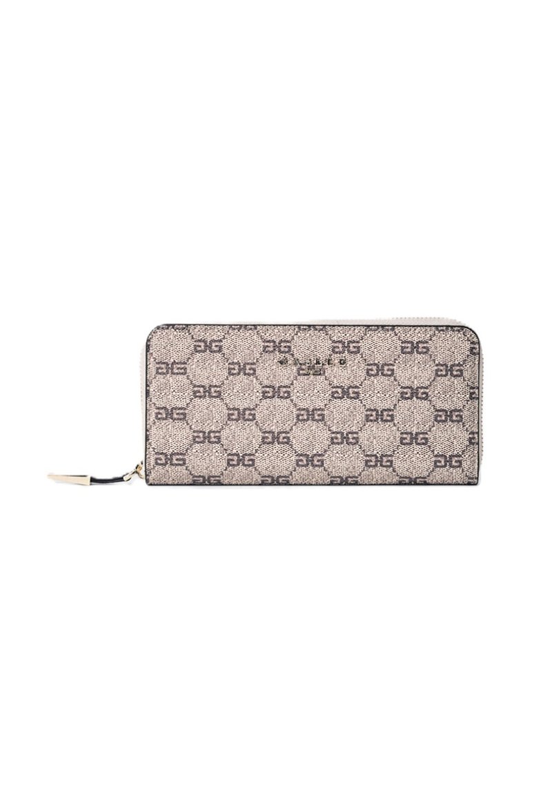 Portafoglio rettangolare in materiale beige a motivo, caratterizzato da un design con logo intrecciato. Chiusura con zip e hardware in tonalità oro con accenti neri.
