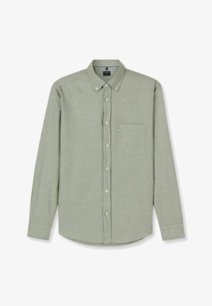 Hellgrünes langärmeliges Hemd mit Button-Down-Kragen, Brusttasche, Perlmuttknöpfen und einem dezenten strukturierten Stoff.
