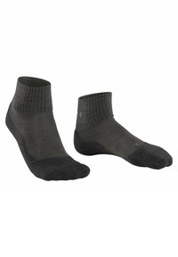 Chaussettes de cheville grises avec bord côtes et renfort au niveau du talon et des orteils en gris foncé. Fabriquées dans un matériau texturé pour le confort et la durabilité.
