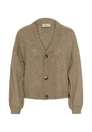 Gilet en tricot beige avec un col en V, des boutons et un motif en chevrons ajouré. Manches ballon et finitions côtelées. Texture douce.