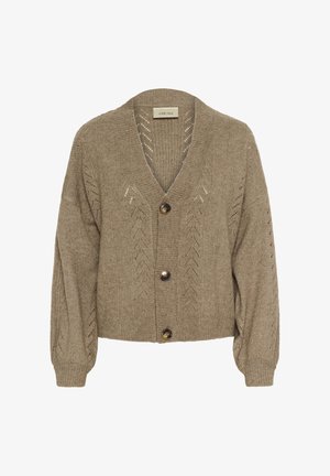Gilet en tricot beige avec un col en V, des boutons et un motif en chevrons ajouré. Manches ballon et finitions côtelées. Texture douce.