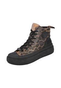 Zapatilla alta de estampado de leopardo con suela de goma negra, detalles en color tostado, cordones negros y logotipo en el lateral. Material sintético duradero.