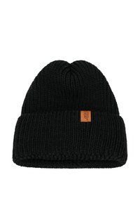 Berretto di maglia nera con una texture a costine, dotato di un orlo piegato e una piccola etichetta in pelle sul lato.