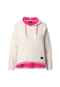 Haut à capuche beige clair avec des accents roses et des cordons. Doté d'une doublure intérieure rose, d'un ourlet inférieur contrastant et d'un patch logo sur le côté.