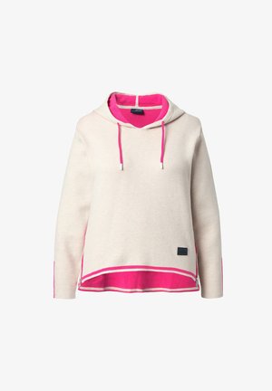 Lichtbeige hoodie met roze accenten en trekkoorden. Heeft een roze binnenvoering, contrasterende onderrand en een logopatch aan de zijkant.
