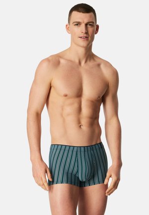 Young man wearing green and white vertical striped boxer briefs, standing against plain light background, looking at camera.