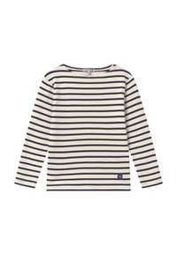 Langærmet top i creme med marineblå vandrette striber, rund udskæring og logo-patch nederst til venstre. Fremstillet af bomuldsstof med en blød tekstur.